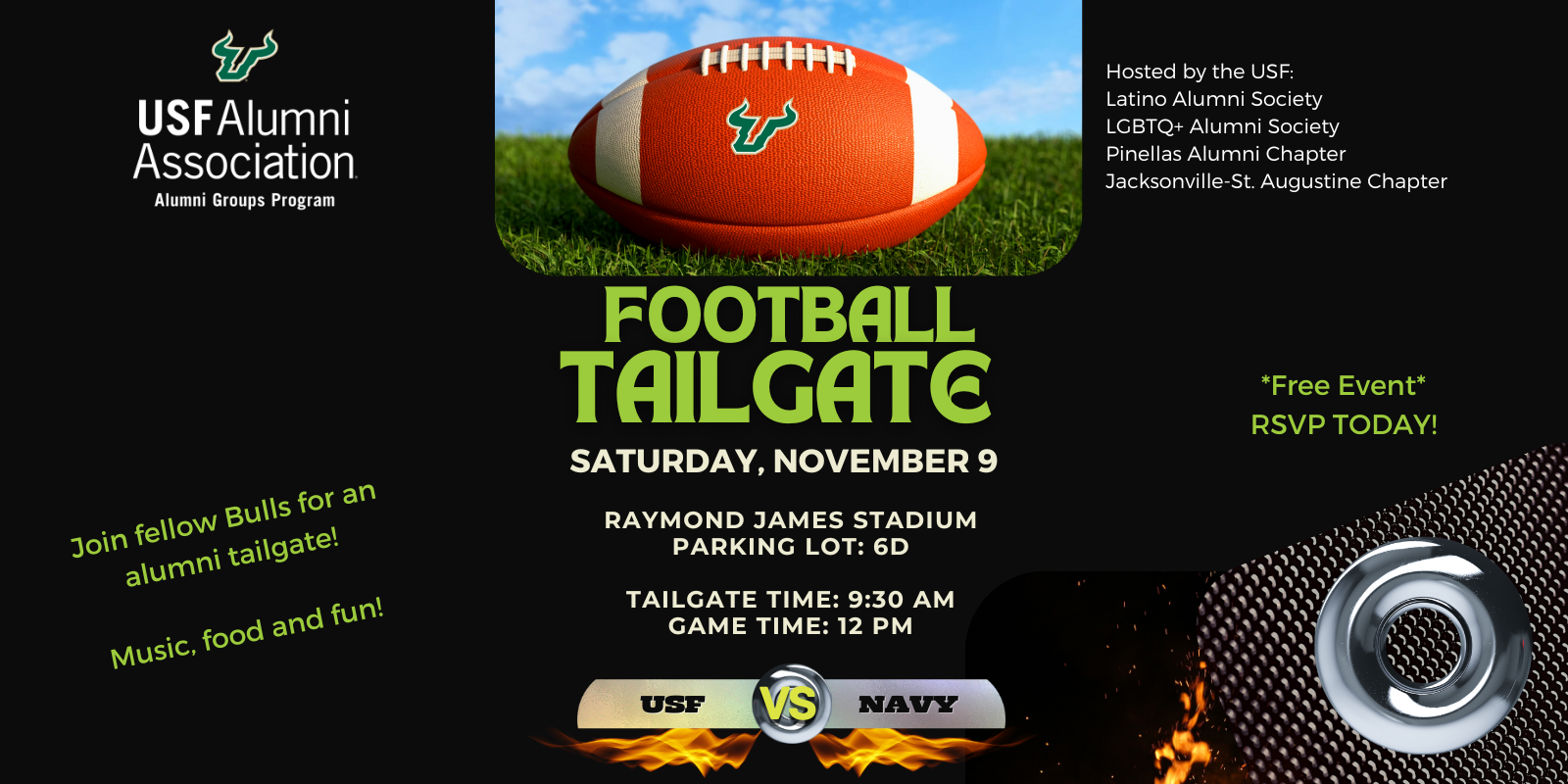 Flyer promoting an alumni football tailgate on Sat. Nov 9 at Raymond James Stadium