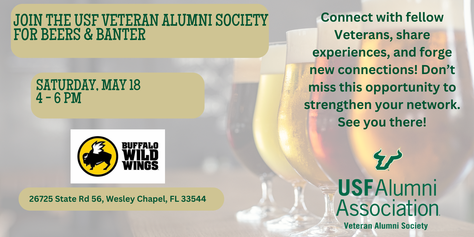 Flyer promoting "Beers and Banter" event hosted by the USF Veteran Alumni Society on May 18