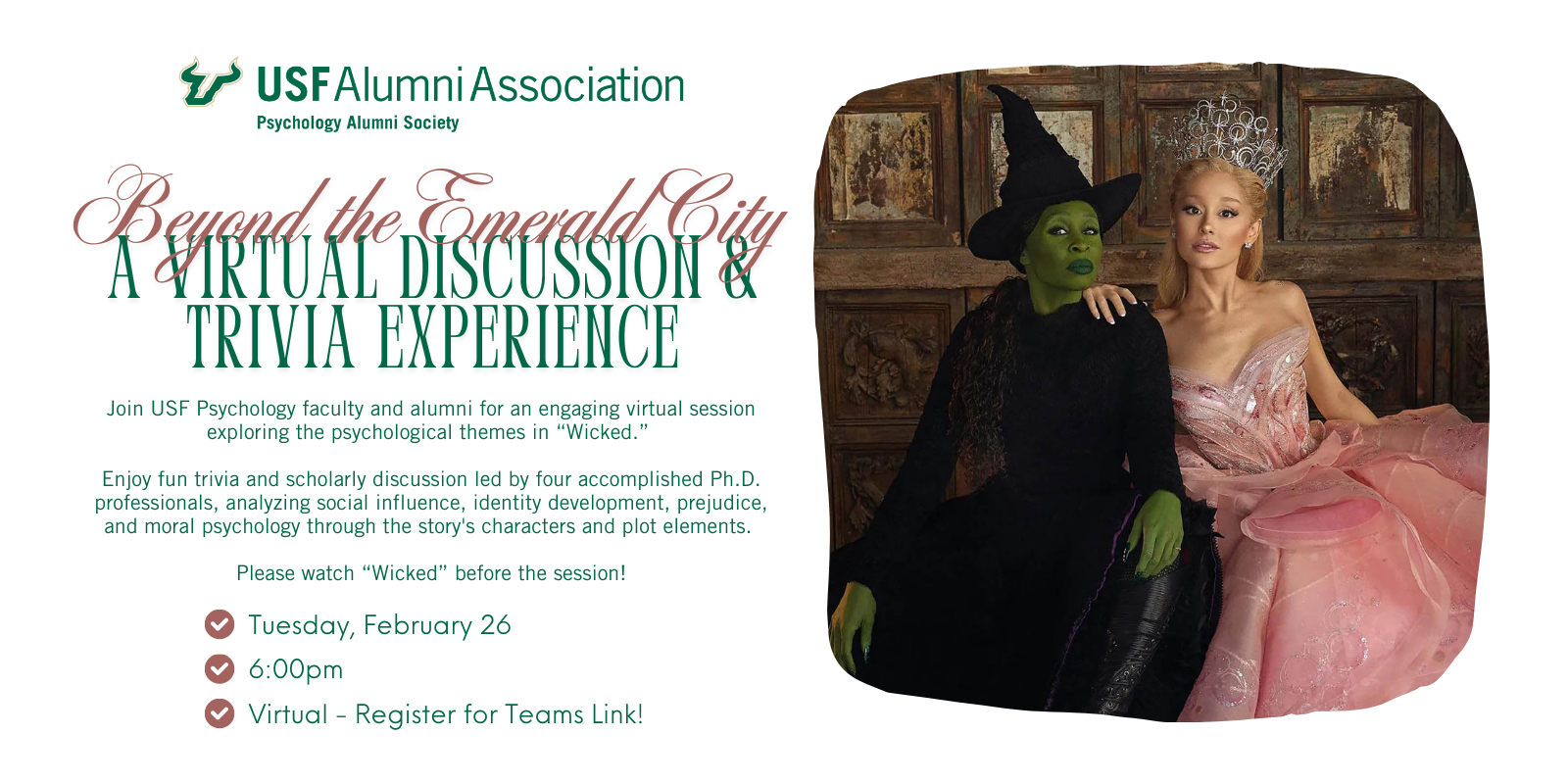 USF Psychology Alumni Society Presents: Beyond the Emerald City, a Virtual Discussion and Trivia Experience