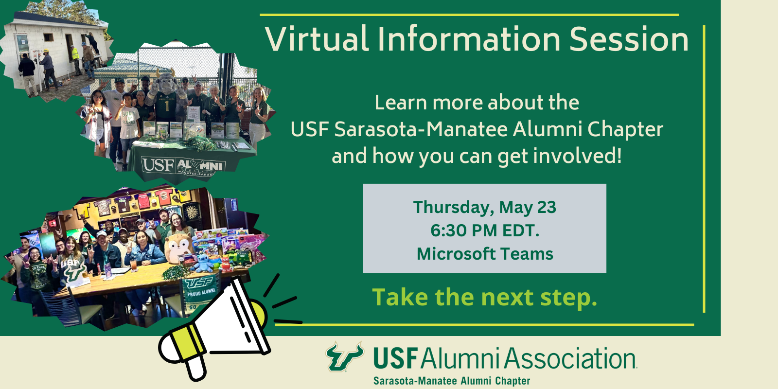 Flyer promoting a virtual interest session for the Sarasota-Manatee Alumni Chapter on May 23 at 6:30pm via Teams
